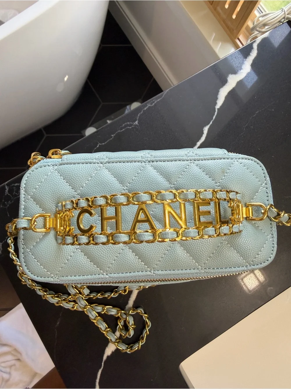 CHANEL Light Blue Quilted Vanity Crossbody with Gold Hardware